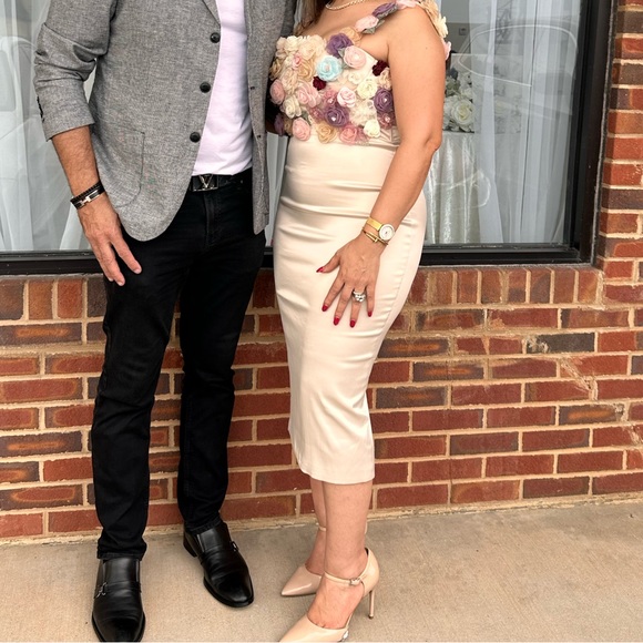 3d Flower appliqués rosette detail strapless satin dress formal midi dress - Picture 6 of 7